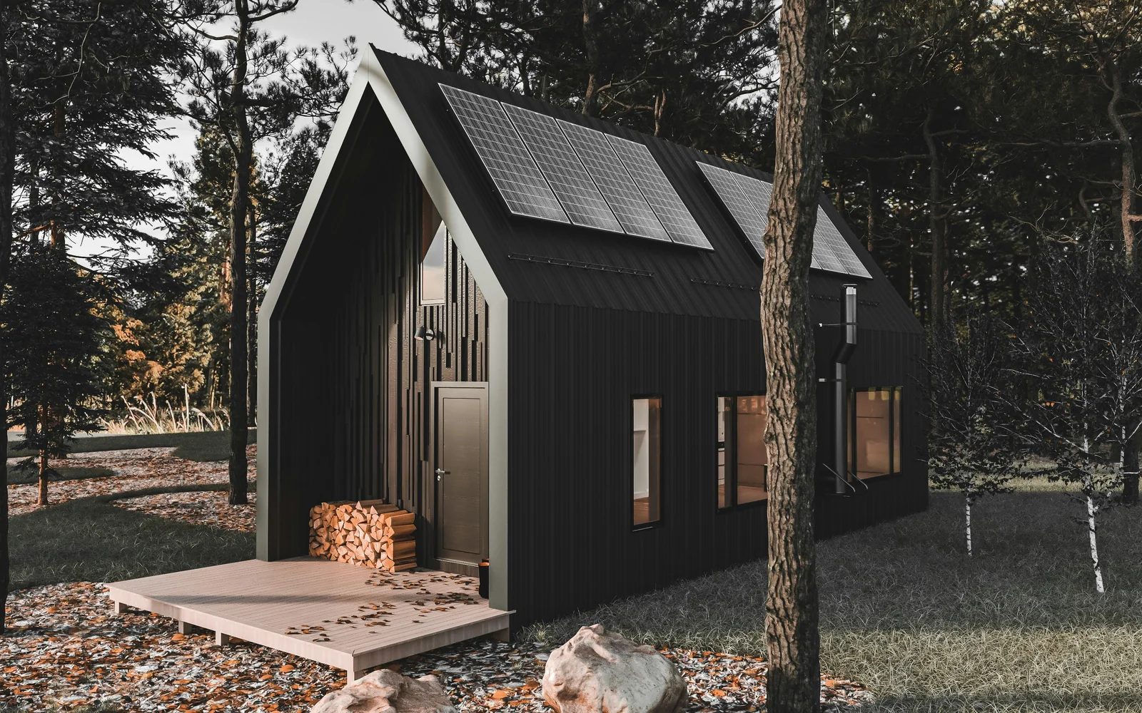 Modern short-term rental cabin surrounded by trees